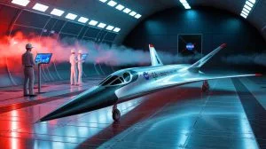 Illustration of NASA's X-59 supersonic aircraft test in a wind tunnel, generated by artificial intelligence.