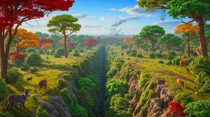 Illustration of the early beginnings of the Anthropocene and its impact on Earth's climate and ecosystems, generated by artificial intelligence.