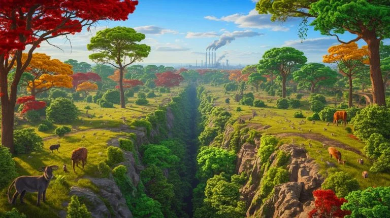 Illustration of the early beginnings of the Anthropocene and its impact on Earth's climate and ecosystems, generated by artificial intelligence.