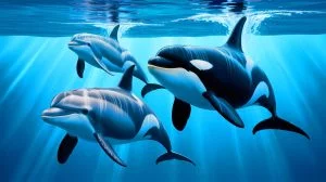 Illustration of dolphins and orcas in their ocean habitat, highlighting their irreversible evolutionary adaptations, created by artificial intelligence.