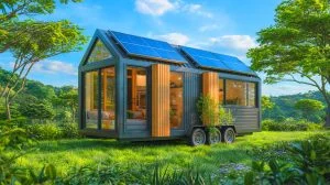 Illustration of a modular and sustainable tiny house concept.