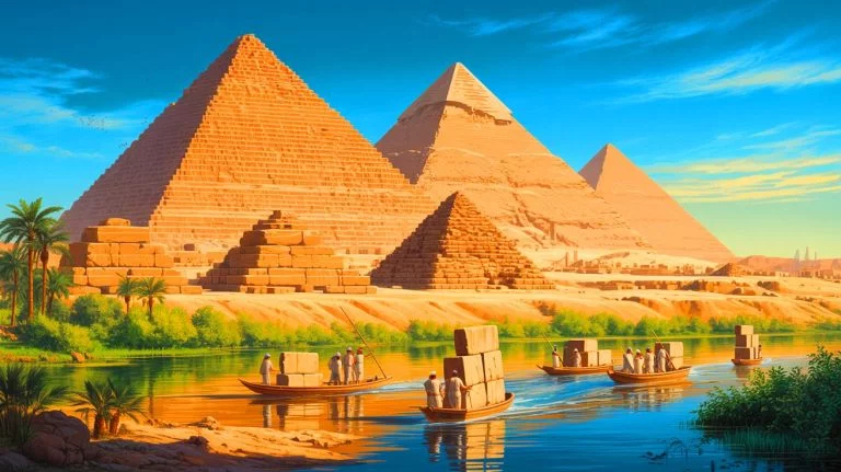 Illustration of the ancient Egyptian pyramids constructed along the now-extinct Ahramat Branch of the Nile, artificially generated.