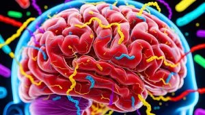 Illustration of microplastic particles accumulating in human brain tissue, linked to neurological health concerns.