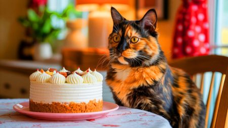 Illustration of Millie, the 30-year-old tortoiseshell cat, enjoying a special cream cake on her birthday, generated by artificial intelligence.