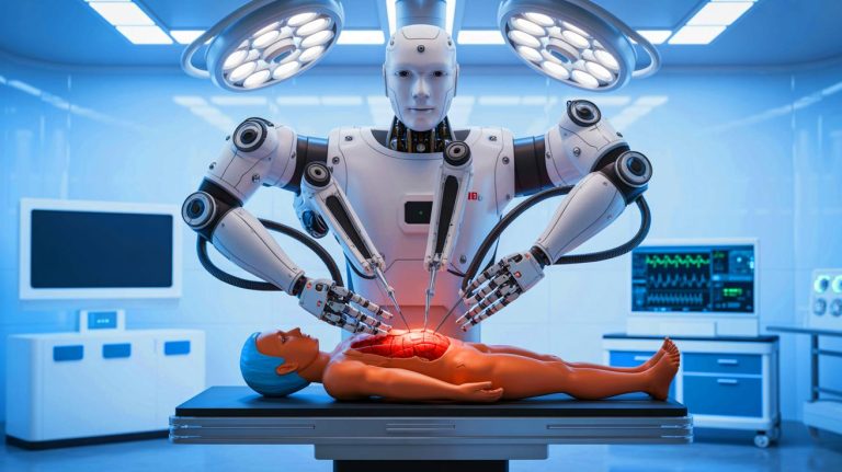 Illustration of an autonomous robot performing surgery in an operating room, generated by artificial intelligence.