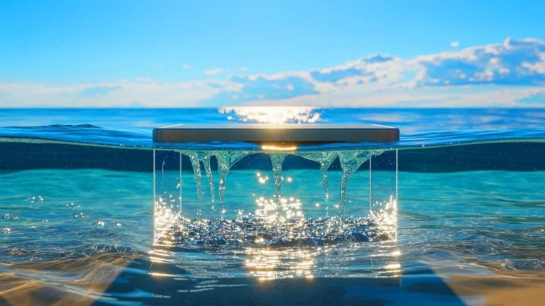 Illustration of a solar-powered aerogel device converting seawater into freshwater. Image generated by AI.
