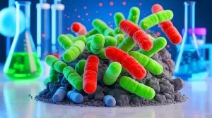 Illustration of Bacillus megaterium converting CO₂ into limestone.
