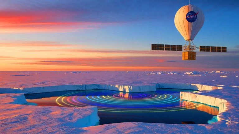 Illustration of mysterious radio signals beneath Antarctic ice, generated by artificial intelligence.