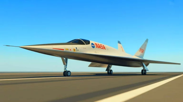 Illustration of NASA's X-59 aircraft conducting taxi tests for quiet supersonic flight, created by artificial intelligence.