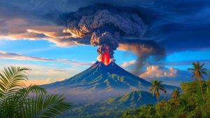 Illustration of Mount Lewotobi Laki-laki erupting, with ash clouds rising over 6 miles high, created by artificial intelligence.