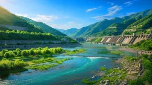 Illustration of the dismantling of dams along the Chishui River to restore aquatic biodiversity, generated by artificial intelligence.