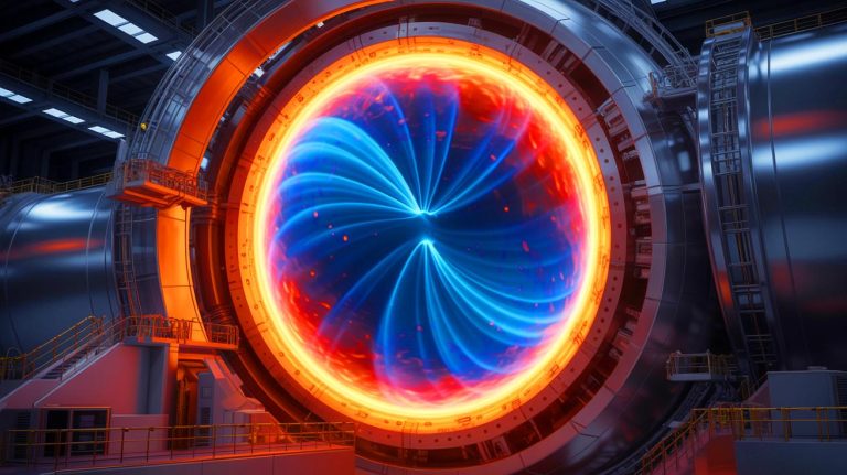 Illustration of high-energy helium-3 ions generation in the Wendelstein 7-X stellarator. Image generated by AI.