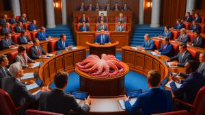 Illustration of a legislative debate on banning octopus farming, highlighting environmental and ethical concerns, generated by artificial intelligence.