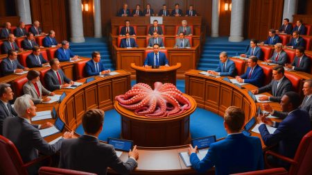 Illustration of a legislative debate on banning octopus farming, highlighting environmental and ethical concerns, generated by artificial intelligence.