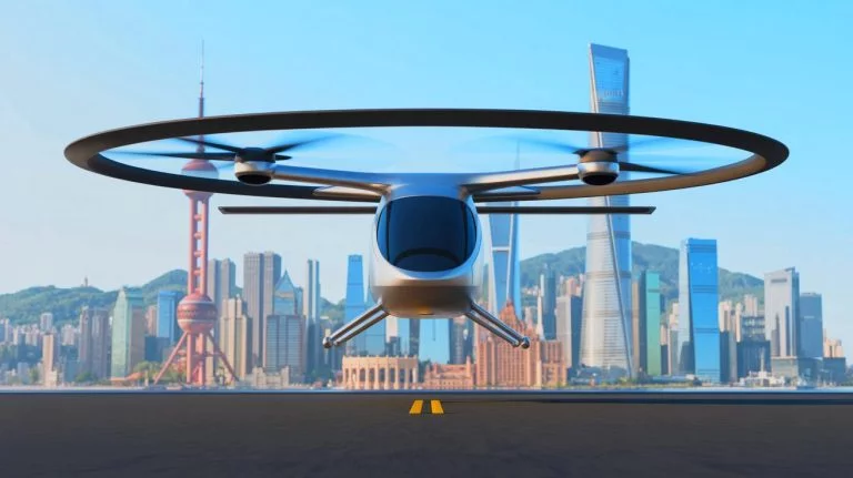 Illustration of AutoFlight's groundbreaking two-ton electric vertical takeoff and landing aircraft, generated by artificial intelligence.