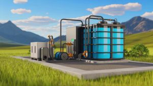 Illustration of an innovative organic flow battery system for renewable energy storage, generated by artificial intelligence.