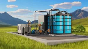Illustration of an innovative organic flow battery system for renewable energy storage, generated by artificial intelligence.
