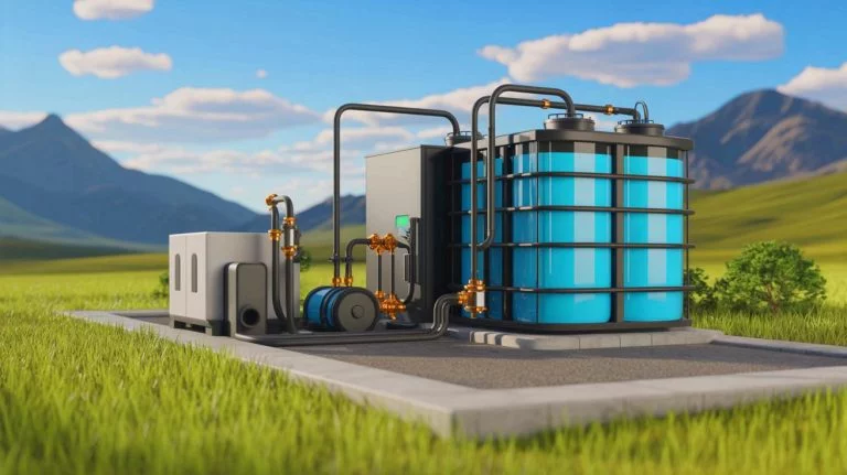 Illustration of an innovative organic flow battery system for renewable energy storage, generated by artificial intelligence.