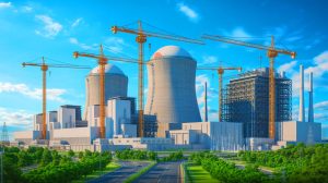 Illustration of Japan's renewed nuclear energy plans with Kansai Electric's Mihama reactor project, marking a shift in energy strategy, generated by artificial intelligence.