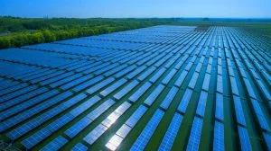 Illustration of an innovative fishery-solar hybrid farm in China combining solar panels with aquaculture, generated by artificial intelligence.