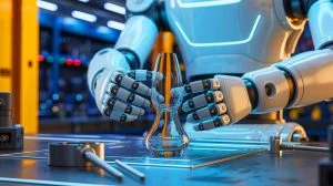 Illustration of robots using a new grip method to mimic human reflexes and prevent slips, generated by artificial intelligence.