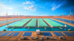 Illustration of the Yanbu Green Hydrogen Hub facility with its massive electrolyzer setup and supporting infrastructure.