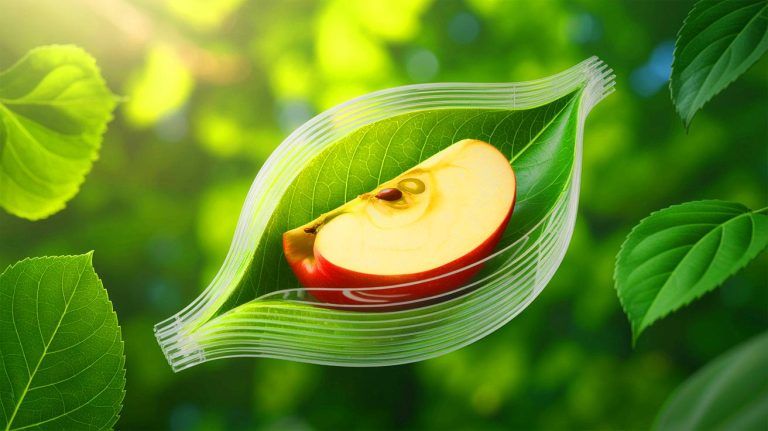 Illustration of LEAFF bioplastic packaging holding an apple slice, created with artificial intelligence.