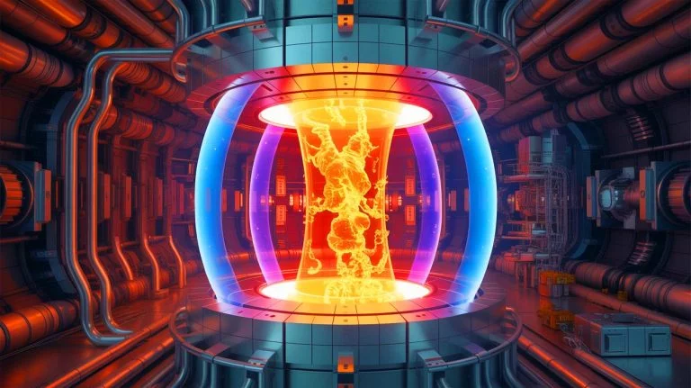 Illustration of a tokamak fusion reactor transmuting mercury into gold, generated by artificial intelligence.