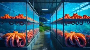 Illustration of the world's first commercial octopus farm and its ethical implications. Image generated by AI.