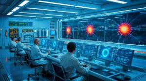 Illustration of an innovative algorithm enhancing particle collision predictions in nuclear fusion reactors. Image generated by AI.