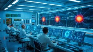 Illustration of an innovative algorithm enhancing particle collision predictions in nuclear fusion reactors. Image generated by AI.