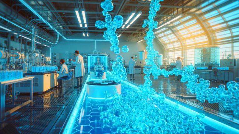 Illustration of a breakthrough method for producing hydrogen fuel using sunlight, urea, and nanowires. Image generated by AI.
