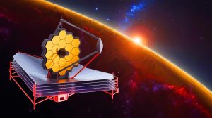 Illustration of the James Webb Space Telescope capturing an image of exoplanet 14 Herculis c, generated by artificial intelligence.