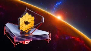 Illustration of the James Webb Space Telescope capturing an image of exoplanet 14 Herculis c, generated by artificial intelligence.