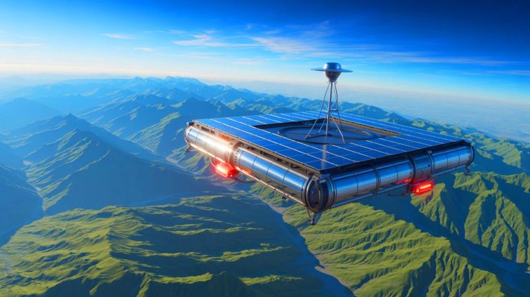 Illustration of High-Altitude Platform Systems (HAPS) providing internet connectivity from the stratosphere. Image generated by AI.