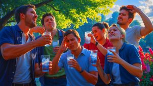 Illustration of individuals attempting to cool down during a heatwave by drinking icy beverages, generated by artificial intelligence.