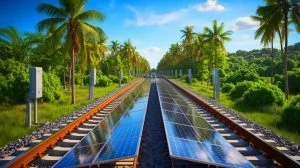 Illustration of a solar power plant on railway tracks showcasing innovative renewable energy integration (AI-generated, non-realistic illustration). Credit: Ideogram.