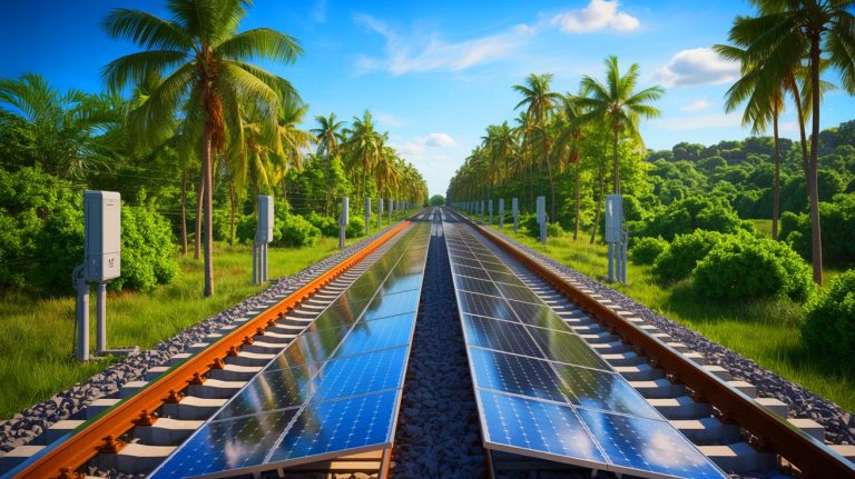 Swiss Startup Stuns the World by Powering Trains With the First-Ever PV Solar Plant Built Directly on Active Railway Tracks Illustration of a solar power plant on railway tracks showcasing innovative renewable energy integration (AI-generated, non-realistic illustration). Credit: Ideogram.
