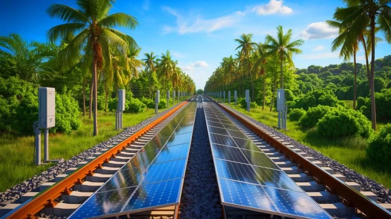 Swiss Startup Stuns the World by Powering Trains With the First-Ever PV Solar Plant Built Directly on Active Railway Tracks Illustration of a solar power plant on railway tracks showcasing innovative renewable energy integration (AI-generated, non-realistic illustration). Credit: Ideogram.