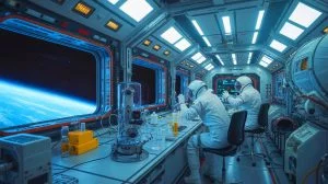 Illustration of Varda Space Industries' space-based pharmaceutical lab, featuring innovative drug development in microgravity conditions, generated by artificial intelligence.