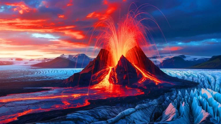 Illustration of the potential volcanic eruptions triggered by glacial melting, generated by artificial intelligence.