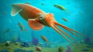Illustration of ancient squid-like creatures, nectocaridids, swimming in the Cambrian Sea, generated by artificial intelligence.