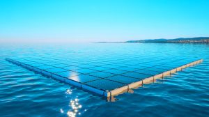 Illustration of HelioRec's floating solar platforms designed for marine environments to harness renewable energy, created by artificial intelligence.