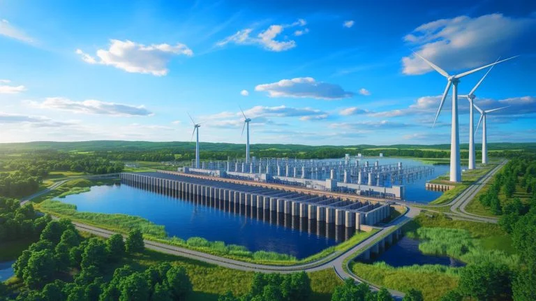 Illustration of lakes transformed into colossal power plants as a sustainable energy source, generated by artificial intelligence.