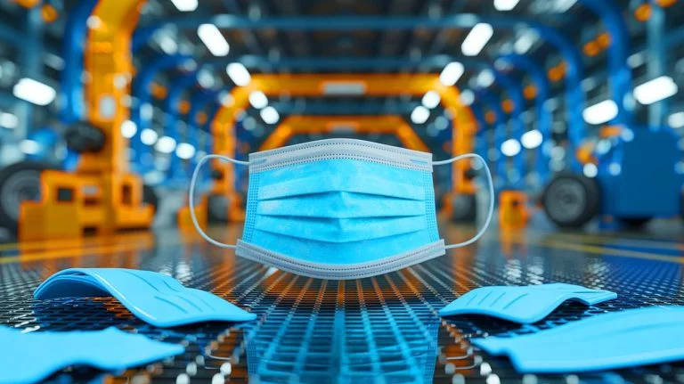 Illustration of discarded Covid face masks being transformed into advanced materials for electric vehicles.