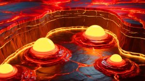 Illustration of the mysterious BLOBS deep within Earth's mantle and their role in driving volcanic eruptions, generated by artificial intelligence.