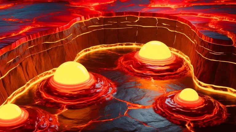 Illustration of the mysterious BLOBS deep within Earth's mantle and their role in driving volcanic eruptions, generated by artificial intelligence.