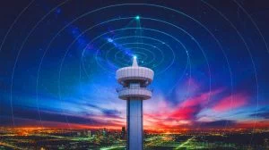 Illustration of airport radar systems potentially sending signals into space, generated by artificial intelligence.