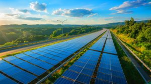 Illustration of solar panels covering highways to generate clean energy, created by artificial intelligence.