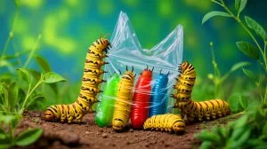Illustration of waxworms consuming a plastic bag, generated by artificial intelligence.
